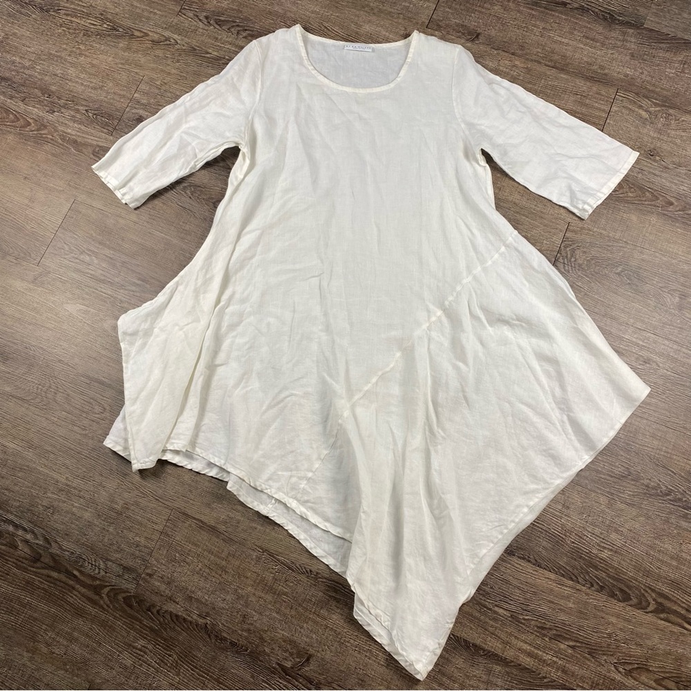 Bryn Walker Dress Women M White 100% Linen Lagenlook Coastal 3/4 Sleeve USA Made